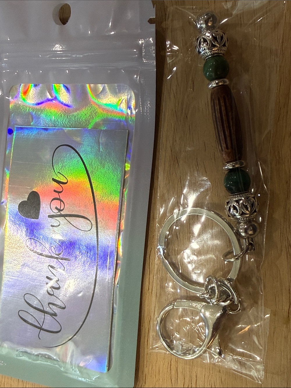 Wood Bead Keychain with Green Stone Accents - Picture 6 of 7